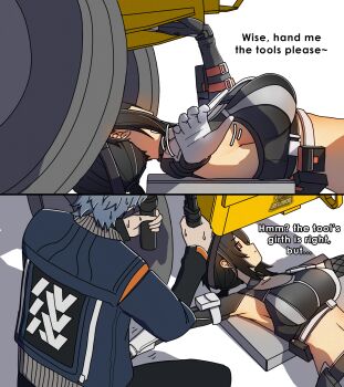 1boy 1girl arm_pouch armpits asymmetrical_gloves black_hair black_sports_bra blue_jacket breasts commentary crop_top dorahdew english_commentary english_text gloves grace_howard grey_hair highres holding_tool jacket large_breasts long_hair low-tied_long_hair lying mechanic mismatched_gloves on_back orange_eyes repairing short_hair sideboob simple_background sports_bra squatting stomach tools white_background wise_(zenless_zone_zero) zenless_zone_zero