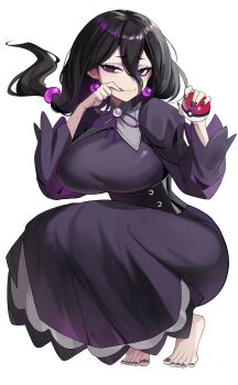 Rule 34 | 1girl, absurdres, alternate breast size (larger), bags under eyes, barefoot, black dress, black hair, breasts, commentary, corset, dress, earrings, english commentary, hair between eyes, hex maniac (pokemon), hex maniac (pokemon legends: z-a), highres, jewelry, kiritzugu, large breasts, long hair, long sleeves, looking at viewer, low ponytail, neck ribbon, nintendo, poke ball, poke ball (basic), pokemon, pokemon legends: z-a, ponytail, purple eyes, purple ribbon, ribbon, smile, solo, sphere earrings, squatting
