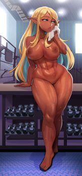 1girl absurdres barefoot blonde_hair breasts casual_nudity completely_nude dark-skinned_female dark_elf dark_nipples dark_skin dumbells elf gym highres large_breasts lights multicolored_hair navel nipples nude pointy_ears public_indecency shybred sweatdrop thick_thighs thighs towel zenra