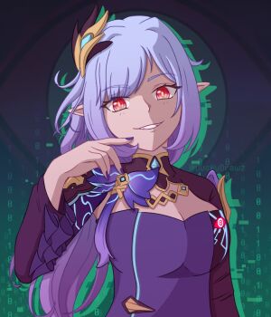 1girl absurdres black_shrug breasts cleavage commentary duskydrawz elysia_(honkai_impact) elysia_(miss_pink_elf)_(honkai_impact) english_commentary evil_grin evil_smile green_background grin hair_ornament hand_up herrscher_of_corruption highres honkai_(series) honkai_impact_3rd long_hair long_sleeves looking_at_viewer medium_breasts nail_polish official_alternate_color pointy_ears purple_hair purple_nails purple_shirt red_eyes shirt shrug_(clothing) smile solo text_background upper_body yellow_pupils