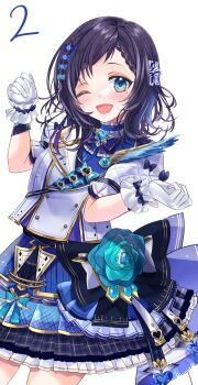 1girl aiba_uiha aiba_uiha_(1st_costume) black_hair blue_bow blue_eyes blue_skirt bow braid frilled_skirt frills gloves hair_bow highres looking_at_viewer mole mole_under_eye nijisanji one_eye_closed open_mouth plaid_clothes plaid_skirt puffy_short_sleeves puffy_sleeves ramune_(lamunepop) shirt short_sleeves simple_background skirt smile solo virtual_youtuber white_background white_gloves white_shirt