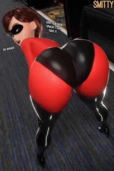 1girl 3d absurdres artist_name ass ass_focus black_thighhighs boots brown_eyes brown_hair commentary elastigirl english_commentary english_text from_behind helen_parr highres huge_ass looking_at_viewer mask mature_female medium_hair smile smitty solo the_incredibles thick_thighs thigh_boots thighhighs thighs