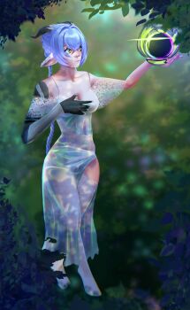 1girl :d absurdres animal_ears bare_shoulders blue_hair braid collarbone dress friderry green_background highres horns iridescent_clothes lace leaf lucia_elowen mechanical_arms open_mouth self-upload single_mechanical_arm smile sparkle thighhighs white_dress white_thighhighs zenless_zone_zero