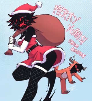 1girl 2021 abby_(za1f0n) absurdres artist_self-insert belt black_hair breasts colored_sclera cosplay dated dress eldritch_abomination extra_eyes fishnets hat highres looking_at_viewer medium_breasts merry_christmas monster_girl original red_eyes red_sclera rudolph_the_red_nosed_reindeer rudolph_the_red_nosed_reindeer_(cosplay) santa_costume santa_dress santa_hat sharp_teeth signature simple_background teeth thighhighs too_many_eyes za1f0n