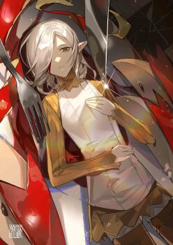 1boy absurdres apple_peel apple_rabbit artist_name black_eyes blood blood_on_face boots brown_boots chinese_commentary commentary_request cowboy_shot dark_skin dungeon_meshi elf empty_eyes expressionless food food_art fork from_above glint gorget hair_over_one_eye hand_on_own_chest hand_on_own_stomach highres knife long_sleeves lying male_focus mini_person miniboy mithrun no_pupils on_back on_plate one_eye_covered penzai_fengli plate pointy_ears shirt short_hair solo swept_bangs thigh_boots white_hair white_shirt