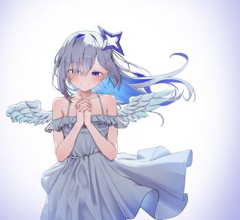 1girl abren absurdres amane_kanata aqua_hair aqua_wings bare_shoulders blue_halo blush collarbone colored_inner_hair commentary_request dress feathered_wings frilled_dress frills gradient_hair grey_hair halo highres hololive long_hair looking_at_viewer multicolored_hair multicolored_wings off-shoulder_dress off_shoulder own_hands_together pink_hair smile solo star_halo tilted_halo virtual_youtuber white_dress white_wings wings