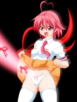 1girl ahoge aino_heart arcana_heart blush breasts clothes_lift heart heart_ahoge highres laser legs lifting_own_clothes necktie panties pink_hair red_eyes ribbon school_uniform short_hair skirt skirt_lift small_breasts solo thighs underwear what white_panties