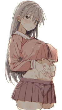 Rule 34 | 1girl, azumanga daioh's school uniform, azumanga daiou, blush, breasts, brown eyes, brown hair, closed mouth, commentary request, covered erect nipples, cowboy shot, crop top, crop top overhang, cropped legs, gorirago, hair between eyes, hands on own stomach, highres, large breasts, long hair, long sleeves, looking at viewer, midriff, miniskirt, navel, pleated skirt, sakaki (azumanga daioh), school uniform, simple background, skirt, solo, sweat, white background