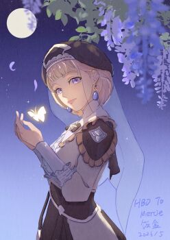 1girl absurdres blonde_hair blue_eyes breasts bug butterfly character_name chinese_commentary commentary_request dress earrings fanhesama fire_emblem fire_emblem:_three_houses full_moon happy_birthday hat highres insect jewelry leaf long_sleeves medium_breasts mercedes_von_martritz mercedes_von_martritz_(timeskip) moon night nintendo outdoors puffy_long_sleeves puffy_sleeves short_hair smile solo tree veil