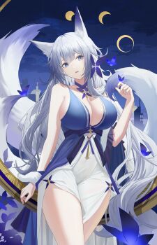 1girl absurdres animal_ear_fluff animal_ears azur_lane blue_collar blue_dress blue_eyes bug butterfly collar dress evening_gown fox_ears fox_girl fox_tail halter_dress halterneck highres insect large_tail long_hair moon_phases multiple_tails night night_sky official_alternate_costume open_mouth shinano_(azur_lane) shinano_(dreams_of_the_hazy_moon)_(azur_lane) sky solo tail white_tail wolf_zzzzz