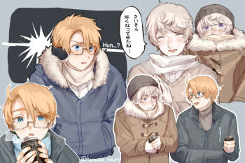2boys ahoge america_(hetalia) artist_name axis_powers_hetalia black_hat black_jacket blonde_hair blue_eyes blush brown_coat brown_sweater buttons can closed_eyes coat coffee commentary_request covered_mouth earmuffs fur-trimmed_coat fur_trim glasses grey-framed_eyewear grey_background grey_sweater hair_between_eyes hand_up hands_up harutoro_39487 hat holding holding_can jacket lapels long_sleeves looking_at_another looking_at_object looking_at_viewer male_focus multiple_boys multiple_views open_mouth puffy_long_sleeves puffy_sleeves purple_eyes russia_(hetalia) scarf semi-rimless_eyewear shirt short_hair simple_background smile speech_bubble steam surprised sweater teeth turtleneck turtleneck_sweater upper_body v-shaped_eyebrows white_hair white_scarf white_shirt wide-eyed wide_sleeves zipper
