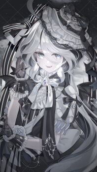 1girl absurdres ahoge alternate_costume anninufufu ascot black_gloves black_ribbon blue_eyes blush bow breasts fang fishnet_gloves fishnets flower furina_(genshin_impact) gem genshin_impact gloves grid_background hair_between_eyes hair_bow hat highres jewelry long_hair looking_at_viewer monochrome multicolored_hair open_mouth pale_skin ribbon rose small_breasts smile solo solo_focus streaked_hair symbol-shaped_pupils vampire_costume white_flower white_hair white_hat white_rose wrist_cuffs