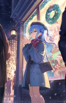 1girl 2boys 3others alternate_costume bag bare_tree beret black_bag black_skirt blue_coat blue_eyes blue_hair blue_hat bow box brick_wall building buttons candy candy_cane christmas_ornaments christmas_tree christmas_wreath coat commentary corrupted_twitter_file dorare earrings feet_out_of_frame food from_side gift gift_box hair_tie hands_up hat highres hololive hoshimachi_suisei jewelry lamppost long_hair long_sleeves looking_up multiple_boys multiple_others night nutcracker one_side_up open_clothes open_coat open_mouth outdoors plaid_clothes plaid_hat plaid_scarf purple_sweater red_bow red_hat red_scarf santa_hat scarf shoulder_bag sidelocks skirt sky sleeves_past_fingers sleeves_past_wrists snow snowing solo_focus standing star_(sky) star_(symbol) star_in_eye starry_sky stuffed_animal stuffed_capybara stuffed_toy sweater symbol_in_eye teddy_bear tree virtual_youtuber window wreath
