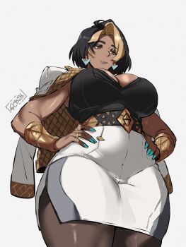 Rule 34 | 1girl, absurdres, aqua nails, armpits, black hair, black pantyhose, black shirt, blonde hair, breasts, brown eyes, cleavage, closed mouth, cowboy shot, crystal earrings, dark-skinned female, dark skin, domina (overwatch), earrings, expressionless, from below, gold bracer, gy beth, hands on own hips, highres, jacket, jacket on shoulders, jewelry, large breasts, legs together, looking down, mature female, multicolored hair, overwatch, pantyhose, pencil skirt, shirt, side slit, signature, simple background, skirt, sleeveless, sleeveless shirt, solo, thick eyebrows, thick thighs, thighs, two-tone hair, white background, white jacket, white skirt, wide hips