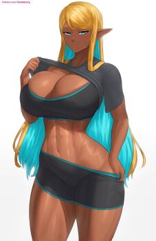 1girl abs aqua_eyes aqua_hair bike_shorts black_sports_bra blonde_hair breasts bursting_breasts cleavage clothes_lift clothes_pull colored_inner_hair commentary covered_erect_nipples cowboy_shot crop_top dark-skinned_female dark_skin hadairu_koseiri_(dsv) hand_on_own_hip highres huge_breasts lifting_own_clothes multicolored_hair narrow_waist original pointy_ears shirt shirt_lift shorts shorts_pull smile solo sports_bra superbusty swept_bangs t-shirt thick_thighs thighs two-tone_hair watermark web_address