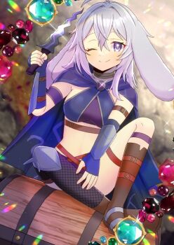 1girl ;) animal_ears breasts closed_mouth commentary commentary_request commission english_commentary engrish_commentary fingerless_gloves gem gloves hair_between_eyes holding holding_weapon kou_hiyoyo lop_rabbit_ears medium_breasts one_eye_closed original purple_eyes rabbit_ears rabbit_girl sitting skeb_commission smile solo treasure_chest weapon