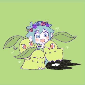 Rule 34 | 1boy, antenna hair, basil (headspace) (omori), basil (omori), blue overalls, blush, chibi, chibi only, chikorita, colored skin, double-parted bangs, flower, flower wreath, gen 2 pokemon, green background, green eyes, green hair, green shirt, head wreath, male focus, nintendo, open mouth, overalls, pokemon, pokemon (creature), shirt, short hair, sidelocks, simple background, smile, solo, something (omori), sun iiinu, t-shirt, white skin