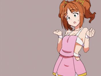 1girl alternate_breast_size_(larger) animated animated_gif areola_slip blush breast_expansion breasts brown_background commentary_request covered_erect_nipples gigantic_breasts green_eyes hair_ornament hands_up idolmaster idolmaster_(classic) lactation lactation_through_clothes large_areolae looking_down luxury_(idolmaster) momo_no_suidou-sui oppai_loli orange_hair pink_diamond_765_(idolmaster) projectile_lactation simple_background solo standing star_(symbol) star_hair_ornament sweatdrop takatsuki_yayoi twintails