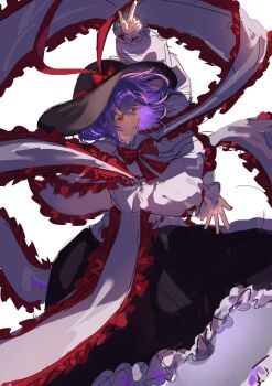 1girl an_(anananan393939) arm_up black_hat black_skirt bow bowtie capelet floating_hair frilled_capelet frilled_shawl frilled_skirt frills hagoromo hat hat_bow hat_ribbon highres long_sleeves medium_hair nagae_iku open_mouth purple_hair red_bow red_bowtie red_eyes red_ribbon ribbon shawl shirt skirt smile solo touhou white_capelet white_shawl white_shirt