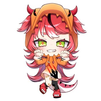 1girl :3 bandaid bandaid_on_leg black_hair blush bond_en bondlive bone chibi chibi_only claw_pose crossed_bangs dress full_body green_eyes grin hood hood_up hooded_dress long_hair looking_at_viewer multicolored_hair official_art orange_dress rawru_sastrei red_hair red_shoes shoes simple_background single_thighhigh smile solo streaked_hair tail teeth thighhighs torn_clothes torn_thighhighs transparent_background very_long_hair virtual_youtuber white_hair