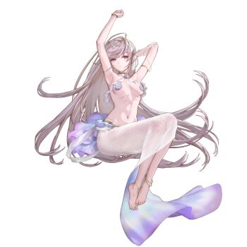 1girl anklet armlet armpits barefoot barnacle bikini bracelet breasts coral dress earrings emily_(last_origin) frilled_bikini frills full_body gem gold_anklet gold_armlet gold_bracelet gold_collar hair_ornament highres iridescent jewelry last_origin legs_together linea_alba long_dress long_hair mel_(dodosae) mermaid_costume mermaid_dress multiple_anklets navel non-web_source official_alternate_costume official_art pink_hair purple_eyes purple_gem rock scale_print shell shell_bikini shell_hair_ornament simple_background sitting skirt small_breasts solo starfish_hair_ornament stretching swimsuit tachi-e transparent_background two-tone_skirt very_long_hair water white_bikini white_skirt