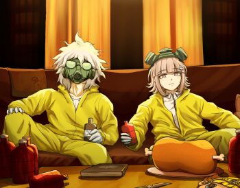 1boy 1girl breaking_bad brown_hair collared_shirt danganronpa_(series) danganronpa_2:_goodbye_despair food gas_mask highres indoors kmnm_1403 komaeda_nagito mask meat medium_hair nanami_chiaki pants shirt sitting table white_hair white_shirt yellow_pants