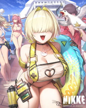 1boy 4girls :d absurdres beach_chair belt bikini bird blonde_hair blue_sky breasts brown_hair centi_(nikke) centi_(supreme_holiday)_(nikke) cleavage cleavage_cutout clothing_cutout cloud commander_(nikke) controller copyright_name curvy day elegg_(boom_and_shock)_(nikke) elegg_(nikke) faceless faceless_male fang feathers fish gloves goddess_of_victory:_nikke hair_over_eyes heart_cutout highres holding holding_swim_ring innertube large_breasts multiple_girls open_mouth out_of_frame outdoors pepper_(nikke) pepper_(ocean_vitamin)_(nikke) pink_hair rapi_(nikke) rapi_(red_hood)_(nikke) rapi_(red_hood)_(red_flavor)_(nikke) red_hair red_shirt remote_control seagull shiny_skin ship ship_deck shirt single_glove sky slingshot_swimsuit smile suspenders swim_ring swimsuit thighs thong thong_bikini veksoo watercraft wide_hips yellow_slingshot_swimsuit