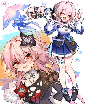 2girls ankle_boots archery_shooting_glove black_boots black_choker black_gloves black_overskirt blue_boots blue_jacket blue_skirt boots bra_strap breasts buttons camera choker commentary_request crying crying_with_eyes_open double_v dual_persona earrings evernight_(honkai:_star_rail) flower_ornament full_body gloves gradient_clothes gradient_jacket hands_up highres honkai:_star_rail honkai_(series) jacket jewelry march_7th_(honkai:_star_rail) march_7th_(preservation)_(honkai:_star_rail) medium_breasts medium_hair miniskirt multicolored_boots multiple_girls off-shoulder_jacket off_shoulder open_mouth partially_fingerless_gloves pink_hair pink_jacket pleated_skirt ro/ku shirt single_earring skirt smile tears thigh_strap tied_jacket two-tone_boots underbust v white_shirt