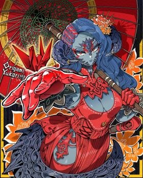 1girl asymmetrical_hair au_ra blue_hair blue_horns blue_scales blue_skin braid breasts character_name cleavage cleavage_cutout clothing_cutout colored_skin commentary commission commissioner_name cornrows cowboy_shot dragon_girl dragon_horns dragon_tail dress final_fantasy final_fantasy_xiv flower foreshortening grey_skin hair_flower hair_ornament holding holding_umbrella horns kafun long_hair looking_at_viewer medium_breasts multicolored_hair origami origami_yukari_(ff14_character) original paper_crane reaching reaching_towards_viewer red_dress red_eyes red_hair red_thighhighs side_slit skeb_commission solo tail thighhighs two-tone_hair umbrella warrior_of_light_(ff14) wavy_hair