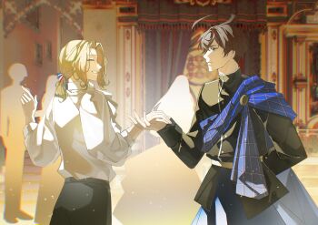 2boys absurdres ahoge artist_request axis_powers_hetalia blonde_hair bow brown_hair closed_eyes commission france_(hetalia) green_eyes hair_bow highres holding_hands huge_ahoge jacket long_sleeves low_ponytail male_focus medium_hair multiple_boys open_mouth ponytail scotland_(hetalia) second-party_source shirt smile