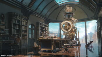 absurdres blue_sky book book_stack bookshelf bucket chair clockwork copyright_name copyright_notice day desk door gears highres indoors logo no_humans official_art official_wallpaper reflective_floor scenery sky skylight stool table window xinyue_tongxing