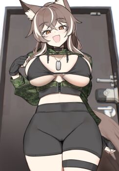 1girl :d absurdres animal_ear_fluff animal_ears belt bike_shorts black_shorts bra breasts brown_eyes brown_hair cadpat callisto_(greyeth) commentary commission cowboy_shot crop_top crossed_bangs dog_tags door english_commentary fox_ears fox_girl fox_tail gloves hair_between_eyes highres large_breasts long_hair long_sleeves looking_at_viewer multicolored_hair navel open_mouth original second-party_source short_shorts shorts smile solo streaked_hair tail thigh_strap thighhighs twin_(tt_lsh) underwear white_streaks