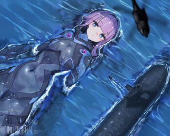 1girl absurdres afloat aircraft arm_mounted_weapon blue_eyes blurry blurry_foreground boat bodysuit breasts bright_pupils cable closed_mouth covered_navel from_above giant giantess helicopter highres long_hair mecha_musume medium_breasts military_vehicle natsukaze_shigure original purple_hair qr_code shiny_clothes skin_tight submarine water watercraft watermark wet white_pupils