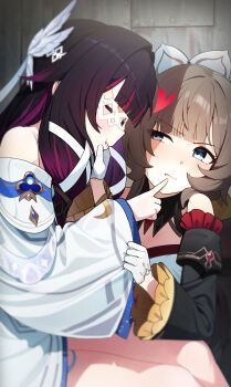 2girls armlet bare_legs bare_shoulders black_hair blue_eyes brown_hair closed_eyes columbina_(genshin_impact) dress eye_mask flustered genshin_impact hair_ornament heart highres jewelry long_hair mask multicolored_hair multiple_girls purple_hair pyytato sandrone_(genshin_impact) streaked_hair tsundere two-tone_hair very_long_hair white_dress wing_hair_ornament wings x-shaped_eyewear