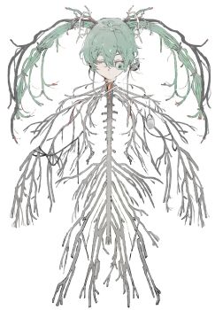 1girl body_horror bulging_eyes closed_mouth colored_eyelashes dot_mouth double-parted_bangs full_body green_eyes green_hair hair_between_eyes hatsune_miku highres le_(szs0k) mechabare nervous_system one_eye_closed simple_background solo spinal_cord twintails vocaloid white_background wire