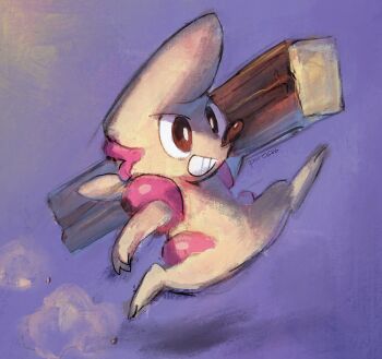 bright_pupils brown_eyes commentary_request full_body gen_5_pokemon grin highres holding jumping nintendo plank pokemon pokemon_(creature) pokemon_focus poroi_(poro586) signature smile solo teeth timburr white_pupils