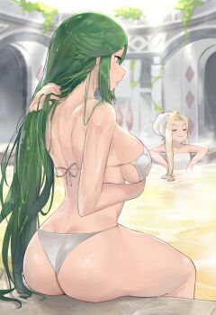 2girls ass bare_back bikini blonde_hair breasts butt_crack closed_eyes green_eyes green_hair hand_in_own_hair j@ck kid_icarus kid_icarus_uprising large_breasts long_hair multiple_girls nintendo onsen palutena parted_bangs sideboob sidelocks sitting steam swimsuit towel towel_on_head viridi water