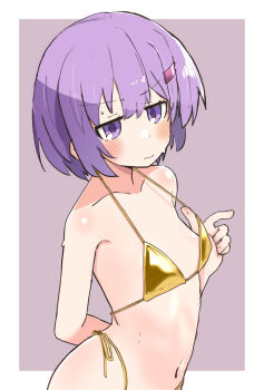 1girl a.i._voice alternate_costume bikini blush border breasts collarbone commentary_request from_side gold_bikini hair_between_eyes hair_ornament hairpin highleg highleg_bikini highres looking_at_viewer medium_hair meruni navel outside_border purple_background purple_eyes purple_hair side-tie_bikini_bottom sidelocks simple_background small_breasts solo stomach string_bikini sweat swimsuit upper_body wavy_mouth white_border yuzuki_yukari yuzuki_yukari_(shizuku)