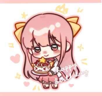 Rule 34 | 1girl, alternate hairstyle, birthday, birthday cake, blunt bangs, blush stickers, border, bow, bow choker, bowtie, brown eyes, cake, chibi, chinese commentary, choker, chun1247, closed mouth, commentary request, english text, eyelashes, food, frilled shirt, frilled skirt, frills, hair bow, happy, happy birthday, holding, holding cake, holding food, infinity nikki, layered skirt, letterboxed, long hair, long sidelocks, long sleeves, looking ahead, medium skirt, nikki (nikki), nikki (series), notice lines, off-shoulder shirt, off shoulder, outline, perfect start (infinity nikki), pink border, pink bow, pink bowtie, pink choker, pink hair, pink outline, pink shoes, pink skirt, pleated skirt, puffy long sleeves, puffy sleeves, shirt, shoes, sidelocks, skirt, smile, solo, sparkle, standing, very long hair, wavy hair, white background, white shirt, white skirt, yellow bow