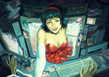 1girl absurdly_detailed_composition bare_shoulders black_eyes black_hair breasts cable cassette_player cassette_tape character_print cleavage computer computer_keyboard computer_mouse computer_tower crt desk dress elbow_gloves fisheye floppy_disk frilled_dress frills gloves grin hairband highres indoors jvc kirigoe_mima kotsu_chan lamp loaded_interior looking_at_viewer medium_breasts out_of_frame perfect_blue photo_(object) realistic red_dress red_hairband scenery screen short_hair signature smile solo_focus sparkle speaker through_medium through_screen twitter_username upper_body videocassette white_gloves