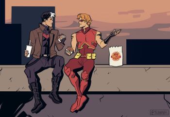 2boys arsenal_(dc) artist_name bat_signal batman_(series) batman_symbol belt black_bodysuit black_gloves black_hair blue_eyes bodysuit boots brown_jacket burger cup dc_comics disposable_cup domino_mask eating eye_mask fast_food food food_wrapper full_body gloves grey_bodysuit highres holding holding_burger holding_food jacket jason_todd male_focus mask melonnabar multicolored_bodysuit multicolored_hair multiple_boys muscular muscular_male open_clothes orange_hair pants red_bodysuit red_hood_(dc) red_hood_and_the_outlaws red_mask roy_harper shirt short_hair superhero_costume taut_bodysuit two-tone_bodysuit two-tone_hair utility_belt white_hair