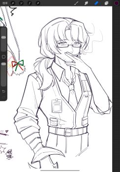 1boy absurdres art_program_in_frame arthropod_limbs beard_stubble belt belt_buckle between_fingers breast_pocket buckle christmas_nightmare_(e.g.o) cigarette collarbone collared_shirt covering_own_mouth cowboy_shot cropped_torso dress_shirt e.g.o_(project_moon) facial_hair glasses green_ribbon gregor_(project_moon) greyscale hair_between_eyes hair_over_shoulder half-closed_eyes hand_over_own_mouth hand_up hat highres holding holding_cigarette id_card jitome limbus_company limited_palette lineart long_hair long_sleeves looking_at_viewer looking_to_the_side low_ponytail male_focus monochrome mouth_hold multiple_views necktie nightcap pants parted_bangs partially_colored pocket pom_pom_(clothes) ponytail procreate_(software) project_moon red_ribbon red_shawl ribbon sanpaku semi-rimless_eyewear shawl shirt shirt_tucked_in simple_background sketch sleeves_rolled_up smoke smoking solo spot_color stubble two-tone_shawl under-rim_eyewear upper_body vest white_background wing_collar yellow_shawl