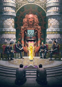 6+boys ^_^ balding banknote black_hair brown_footwear business_suit chair closed_eyes column commentary creature crossed_legs dress_shoes extra_mouth faceless faceless_male formal_clothes from_behind gacha_(game_mechanic) gashapon glowing gold grey_jacket grey_pants halo hand_on_own_cheek hand_on_own_face highres horror_(theme) indoors interlocked_fingers jacket kiginobiru_(hayapi) looking_at_another machine melting money multiple_boys necktie original ornate own_hands_together pants pillar red_necktie ribs seiza sitting skull smile star_(symbol) steepled_fingers suit teeth tongue tongue_out