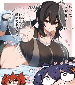 animal_ear_hairband animal_ears bear_ear_hairband bear_ears belle_(zenless_zone_zero) belt black_hair black_sports_bra blue_hair blush breasts collar crop_top eyepatch fake_animal_ears gin_moku gloves grace_howard grey_belt hair_ornament hairband heart highres imagining koleda_belobog large_breasts letter_hair_ornament looking_up lying midriff navel on_stomach open_mouth orange_eyes red_hair smile speech_bubble sphere_hair_ornament sports_bra sweat teeth white_eyes white_gloves zenless_zone_zero zipper_top