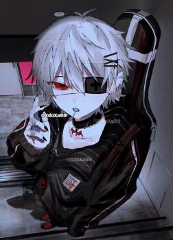 1boy alternate_costume antenna_hair artist_name black_choker black_jacket black_nails candy choker commentary ear_piercing eyepatch fingernails food foreshortening from_above full_body hair_between_eyes hair_ornament hairclip hand_up highres instrument_case instrument_case_on_back jacket jewelry kuzuha_(nijisanji) lollipop lollipop_in_mouth looking_at_viewer multiple_rings nijisanji open_mouth piercing pointy_ears red_eyes ring sharp_fingernails short_hair solo stairs standing symbol-only_commentary virtual_youtuber white_hair xdoxa89