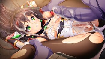 1boy 1girl after_rape after_vaginal aftersex aikawa_haruno arms_up black_gloves black_hair blush breasts brown_hair bukkake censored chest_jewel clenched_teeth clothing_aside colored_skin covered_erect_nipples crack cum cum_in_pussy cum_on_body cum_on_breasts cum_on_clothes cum_on_hair cum_on_upper_body dutch_angle elbow_gloves exs-tia_ignis facial folded game_cg gloves green_eyes hair_intakes headgear hetero kamitsurugi_ouka knees_to_chest kouyoku_senki_exs-tia_concert large_variant_set leg_grab legs_up leotard leotard_aside long_hair lying magical_girl monster mosaic_censoring nipples no_pants non-web_source official_art on_back one_breast_out pantyhose penis pussy rape shiny_skin small_breasts solo_focus spread_legs teeth torn_clothes torn_leotard torn_pantyhose variant_set white_leotard