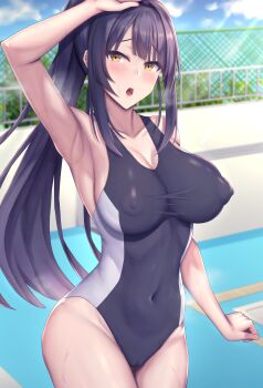 1girl absurdres arm_up armpits bemani black_hair black_one-piece_swimsuit blue_sky blush breasts cleavage cloud commentary_request covered_erect_nipples covered_navel day gitadora highres kyouka_(gitadora) large_breasts long_hair ohguro_mariya one-piece_swimsuit outdoors poolside sky solo standing swimsuit thighs very_long_hair water