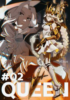 1girl alisus_art armor black_hat black_jacket blurry boots bow bowtie braid braided_ponytail closed_mouth commentary dress dress_shirt english_text frown gauntlets gold_gloves gold_tiara greaves grey_eyes hair_over_shoulder hair_tubes hat highres holding holding_polearm holding_weapon jacket jacket_on_shoulders long_hair looking_at_viewer polearm queen_(to_be_hero_x) shirt short_dress single_braid sleeveless sleeveless_dress smile standing standing_on_one_leg text_background to_be_hero to_be_hero_x twitter_username very_long_hair weapon white_boots white_bow white_bowtie white_dress white_hair white_shirt
