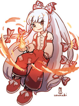 1girl blush_stickers bow buttons closed_mouth collared_shirt commentary_request fire fujiwara_no_mokou full_body hair_bow hand_in_pocket highres long_hair long_sleeves looking_at_viewer multiple_hair_bows pants red_pants red_shoes shirt shoes sidelocks signature simple_background smile solo standing suspenders touhou uzumaki_osushi very_long_hair white_background white_bow white_hair white_shirt yellow_eyes