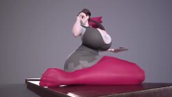 1girl 3d :d animated ass ass_focus black_footwear blush bow breasts brown_hair bursting_breasts cameltoe chocolate cleavage curvy dress eyebrows female_focus forehead grey_dress gym_leader hair_bow hair_strand highres huge_ass huge_breasts long_hair nintendo open_mouth panties panties_under_pantyhose pantyhose pink_bow pink_eyes pink_neckwear pink_pantyhose pokemon pokemon_oras roxanne_(pokemon) short_sleeves smile solo tagme thick_thighs thighs twintails underwear usukeninja video wide_hips